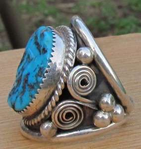   VINTAGE WESTERN STERLING SILVER TURQUOISE RING WIDE BAND 9 1/2  