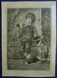 SUPERB PORTRAIT DRAWING c1840 GYPSY BEGGER BOY MONKEY  