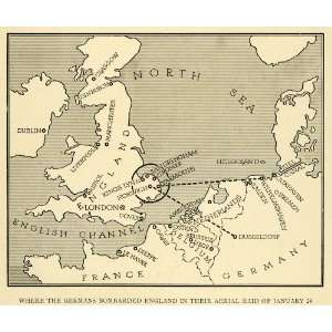  1915 Print WWI German Attack Map England Aerial Raid World 