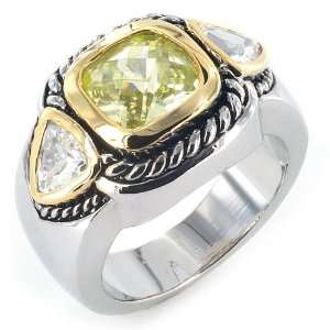  Antiqued Silvertone Ring with Peridot Center and CZ Sides 