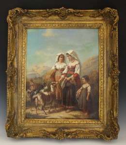   ITALIAN PAINTING WOMEN IN THE COUNTRY SIDE W/ CHILDREN & GOATS SIGNED