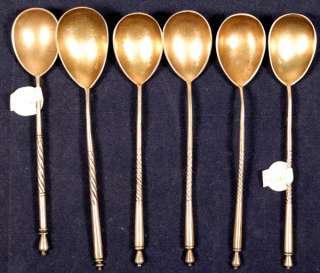 SET OF 6 RUSSIAN IMPERIAL 84 SILVER GOLD TEA SPOON S  