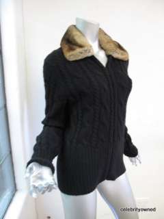 TSE Black Cashmere Brown Fur Collar Sweater M  