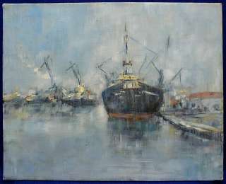 OIL PAINTING FRENCH SEASCAPE MERCHANT MARINE PORT  
