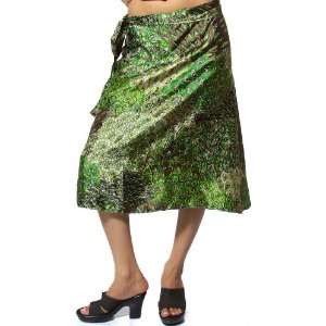  Green Wrap On Printed Skirt   Satin 