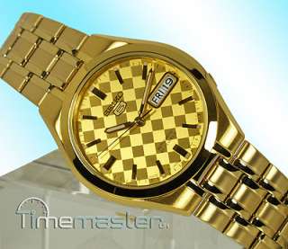 SEIKO 5 LATEST MENS AUTOMATIC GOLD TONE CHECKERED FACE DAY & DATE 