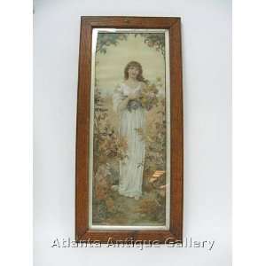 Victorian Print of a Maiden with Mums 
