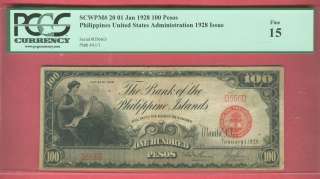 1928 BANK OF PHILIPPINES ISLANDS 100 PESO P 20 PCGS F15  