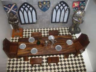 dolls house TUDOR medieval BANQUET TABLE CHAIRS BENCHES walnut  