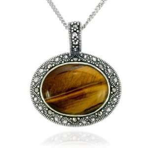   Silver Marcasite and Tigers Eye East West Oval Pendant, 18 Jewelry