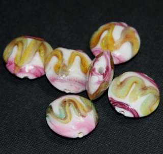 10 pcs of Lampwork Beads Flat Round with Gold Foil 19mm Pink White 