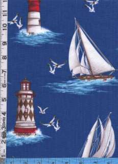 Fabric Benartex BY THE SEA SAILBOATS LIGHTHOUSES SCENIC on royal blue 