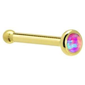 Solid 14KT Yellow Gold 2mm Fuchsia Synthetic Opal Nose Bone   20 Gauge