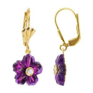 18KT Gold Layered Dark Purple Flower Cubic Zirconia Leverback Earrings