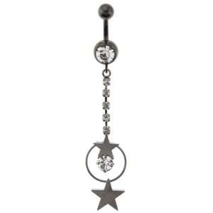 Black Anodized Double Hanging Star Belly Ring with Crystals   14G (1 