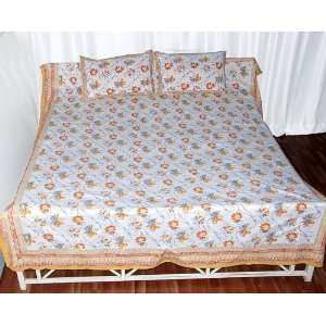  Floral Hand Block Print Work Bedspread with Pillow Covers Size 