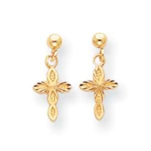 14k Gold Diamond Cut Cross Dangle Post Earrings Jewelry