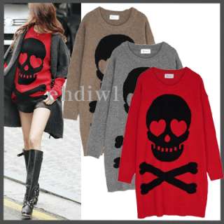 Hollywood Style Casual Big Skull Heart Eyed Wool Sweater Red Gray 