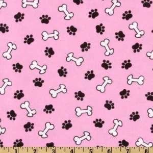  45 Wide Comfy Flannel Dog Bones and Paws Pink Fabric By 
