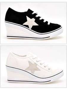 Womens Fashion Wedge Heel Sneaker Shoes White Black New  