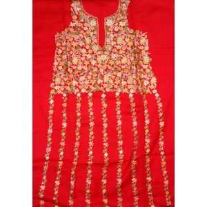  Red Two Piece Suit from Kashmir with Floral Ari Embroidery 