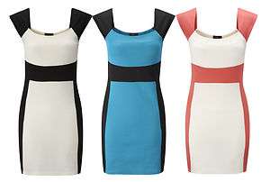   Panel Sleeveless Tailored Shift Dress Cream Coral Teal Blue  