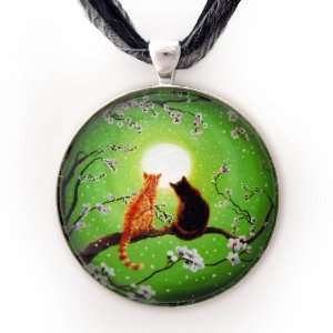 Orange Tabby and Black Cats in Cherry Blosssoms Handmade Jewelry Fine 