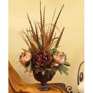  Peonies and Pheasant Feather Silk Floral Design