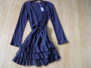 SUNNER Navy Wrap Tie Around L/S to the Knee Ruffle Dress $189 NWT Size 