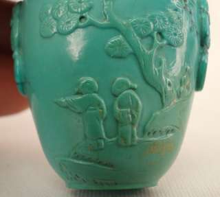 Antique Chinese 18C. Qing Dynasty Relief Carved Turquoise Snuff Bottle 