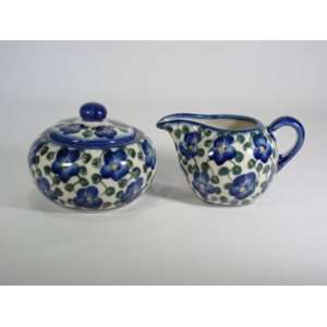  Polish Pottery Sugar Bowl Creamer Violets wr09 16B ez3 