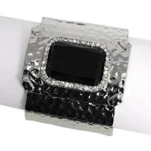 Fashion Stretch Bracelet; 2L; Hammered Silver Metal; Black Center 
