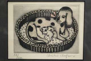 Two Original Christine Chagnoux KittenPuppies Etchings  