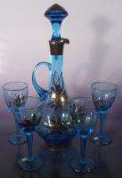 Romania Blue Stain Glass Gold Gilt Decanter Wine Set  