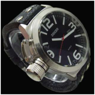 WWII Frogman Navy Type Canteen Military Watch Leather Band Date Mens 