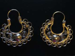   MEXICAN 10K REAL GOLD FILIGREE HOOP DANGLE EARRINGS FRIDA STYLE MEXICO