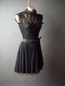 Black Romantic Victorian Vtg y Lace High Neck Satin Bow Skirt Party fp 