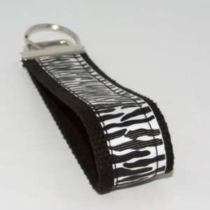 White Zebra Print 6   Black   Fabric Keychain Key Fob Ring 