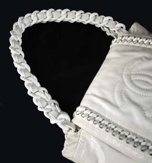 AUTHENTIC CHANEL White Patent Leather Modern Chain Hobo Shoulder Bag 