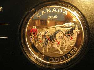 2006 CANADA $30 SILVER STERLING COLOURED DOG SLED TEAM  
