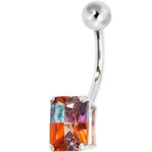  14k White Gold Rainbow Effect Cz Radiant Cut Belly Ring 