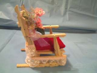 VINTAGE LOOK DOLL CLOTHESPIN ROCKING CHAIR WITH RED VELVET PILLOW 