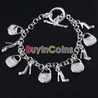   Women Silver Plated Heeled Shoes Hand Bags Bracelet Bangle Gift  