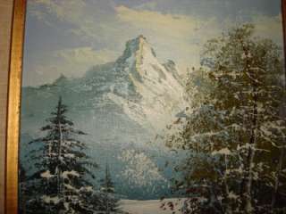 Vintage Oil Painting Snow Tree Mountains Gold Frame  