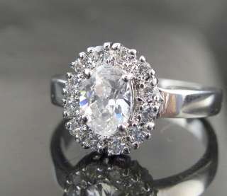 BIG OVAL CZ CUBIC ZIRCONIA COCKTAIL CLUSTER SILVER FLOWER RING 5 FAST 