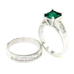  Classic 2 piece Wedding Set w/Emerald & White CZs, 9 
