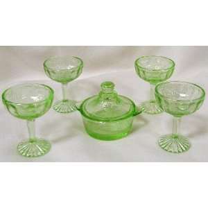  Childrens Depression Green Candy Dish & Sherbets