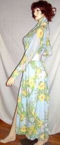 Vintage Blue Yellow Floral Maxi Button Up Dress M Gown  
