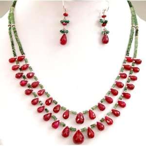 Designer 2 Rows Natural Faceted Shaded Emerald & Ruby Drops Beaded 