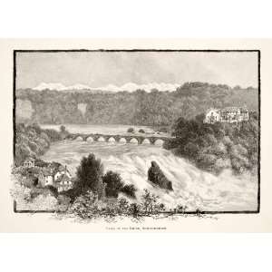  1891 Wood Engraving Whymper Rhine Waterfall Rheinfall 